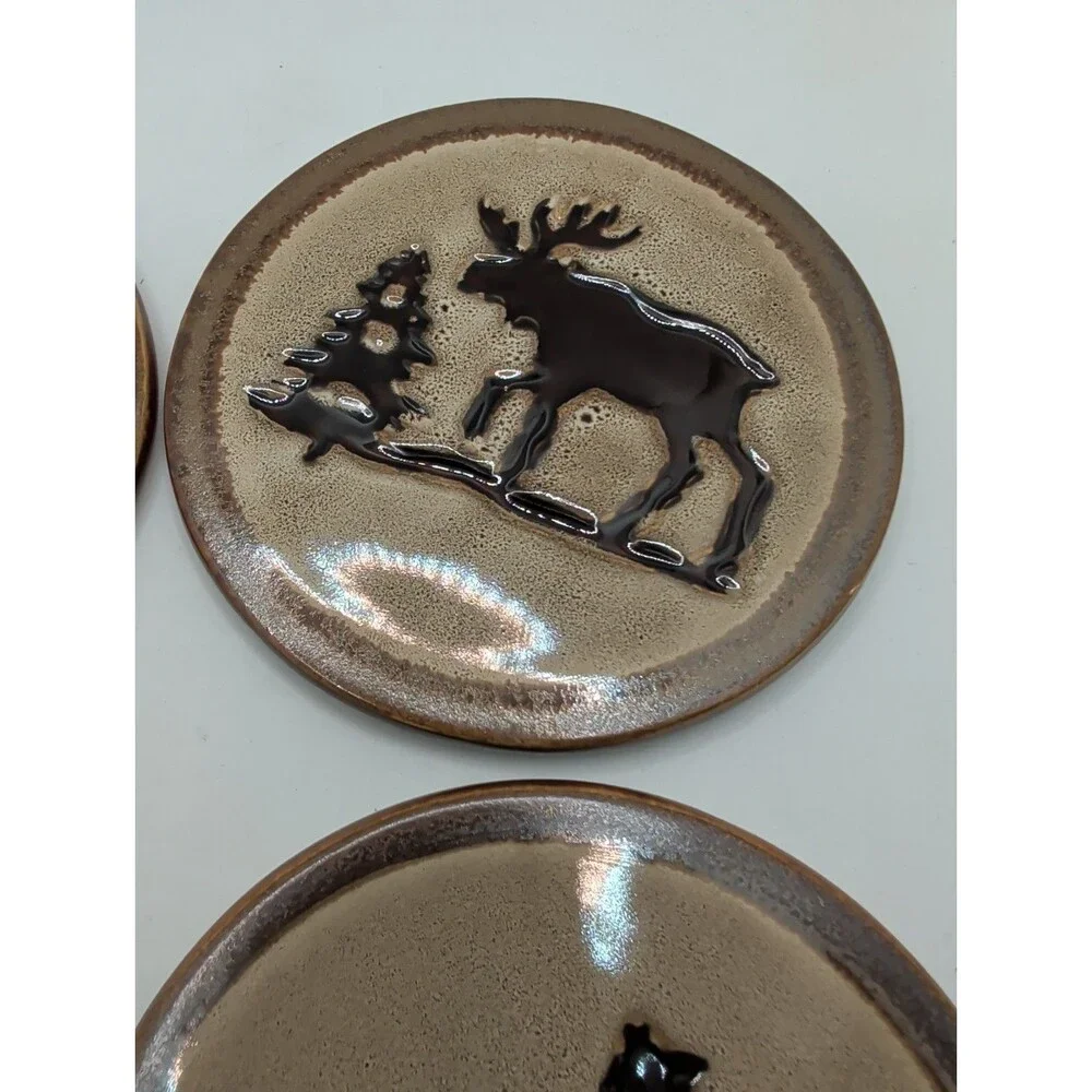 Home Studios Woodland Collection 4 Stoneware Coasters Bear Moose Canoe Pine Tree
